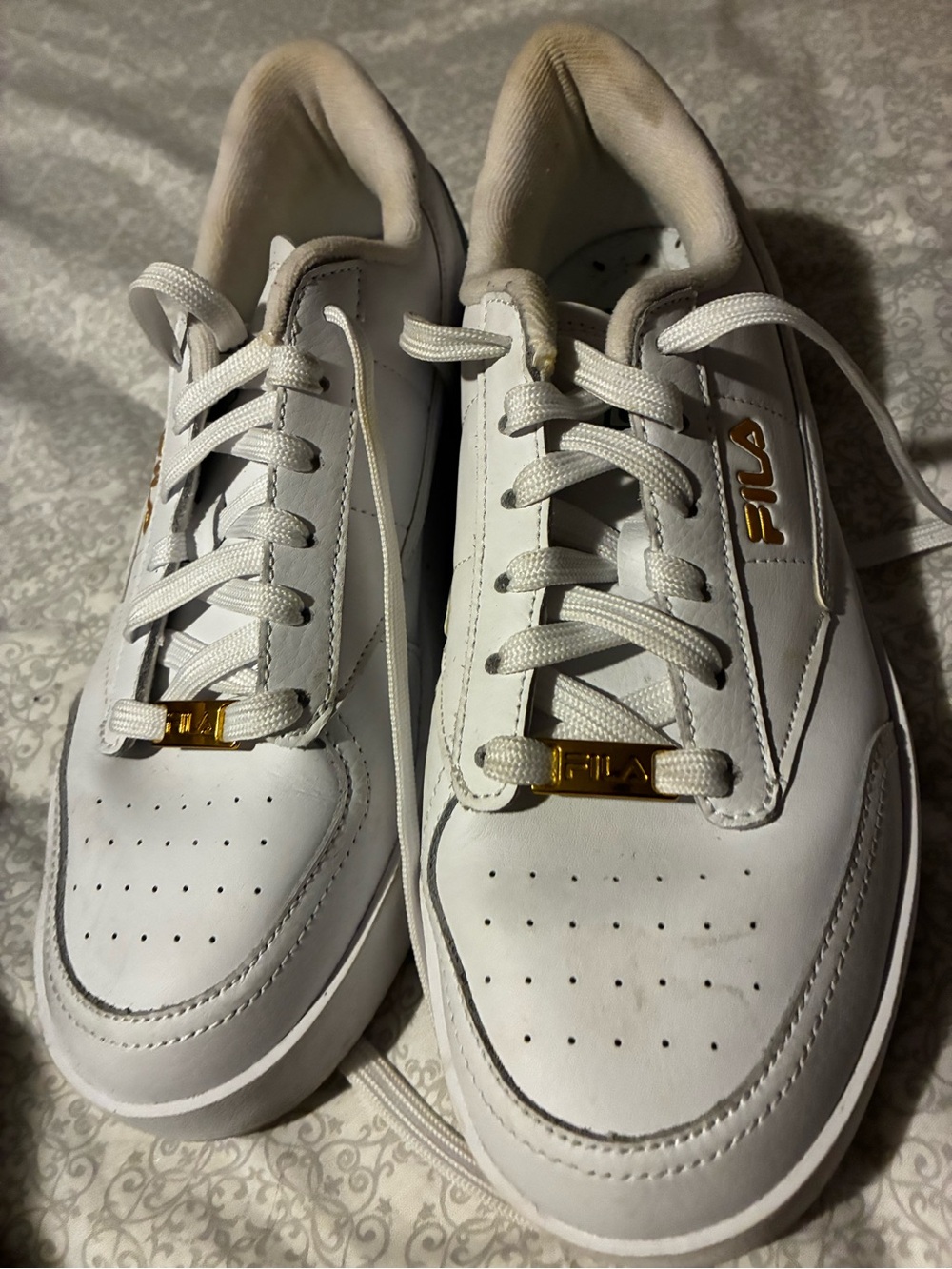 FILA White Leather Sneakers with Gold Logo Hardware